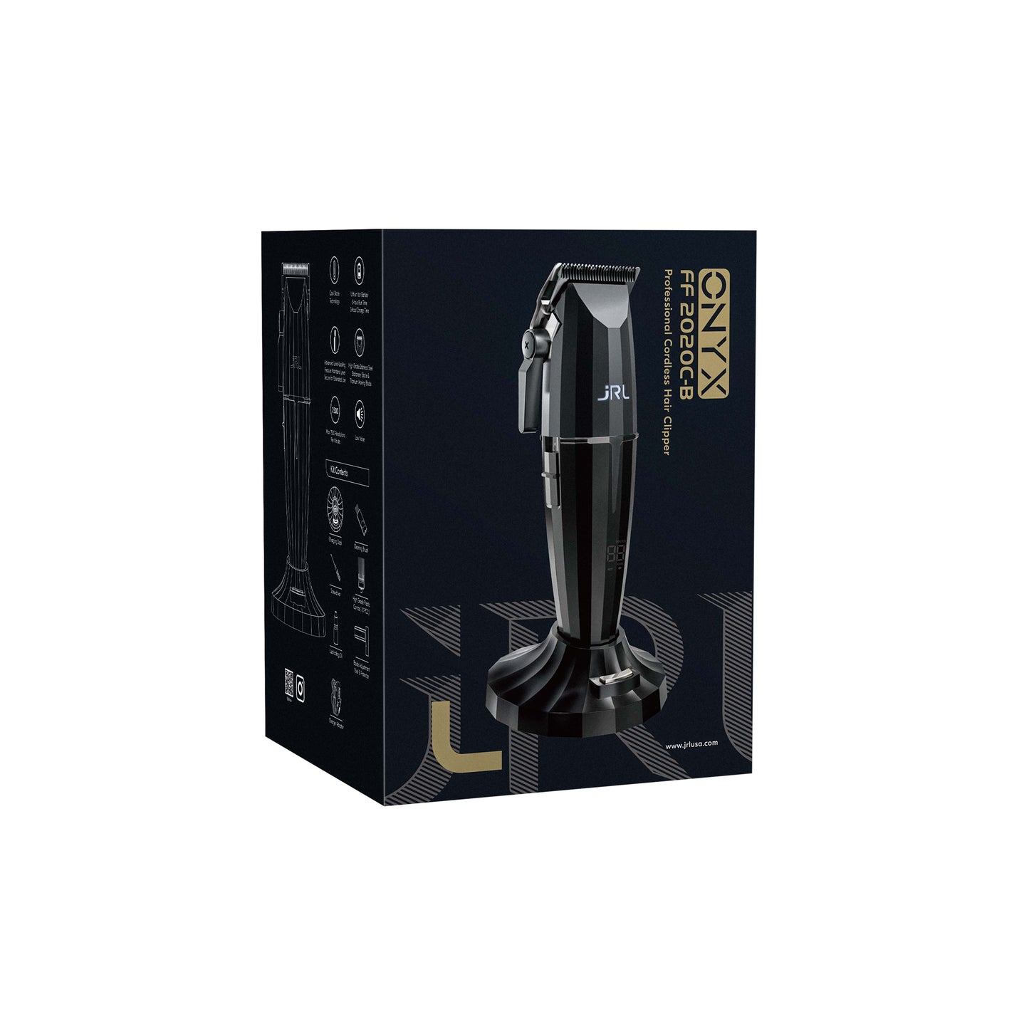 JRL ONYX Pro Cordless Hair Clipper in sleek black packaging, showcasing its professional design and features.